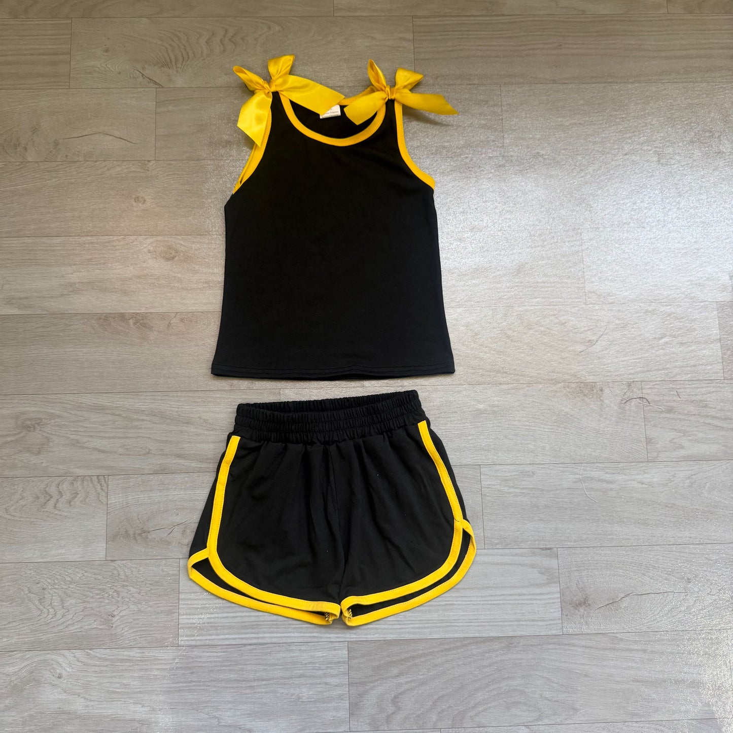 ( No moq ) Preorder Baby Girls Kids Yellow Bows Shirt Shorts Black Set Summer Clothes