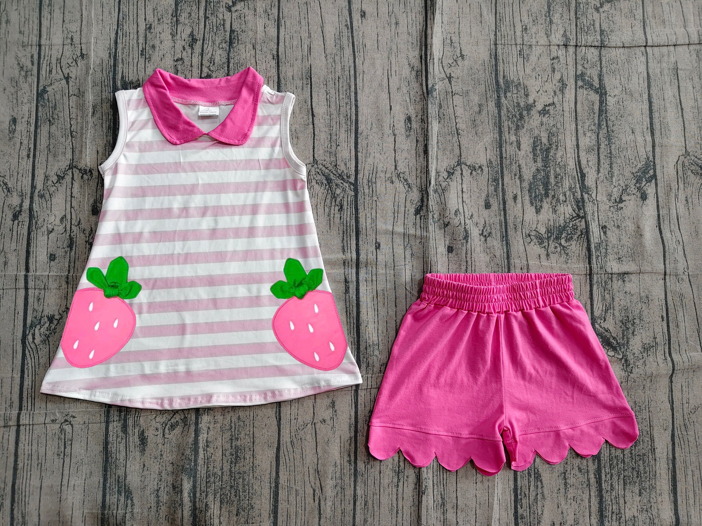 ( No moq ) Preorder Baby Girls Kids Embroidery Strawberry Stripes Tops Pink Scallop Shorts Set Clothes