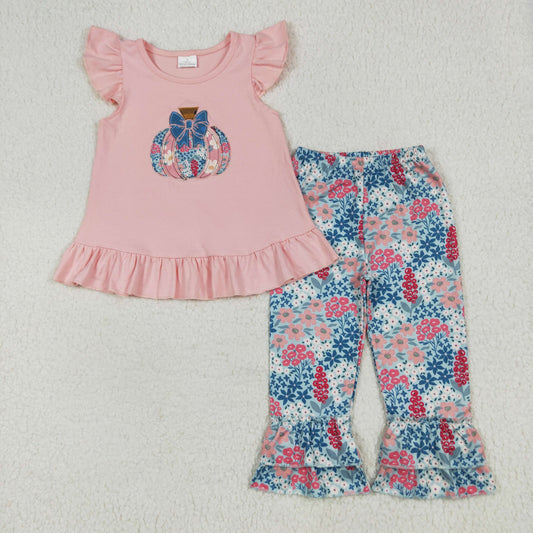 Baby Girl Pink Short Sleeves Embroidery Flower Pumpkin Tunic Ruffle Pants Set RTS