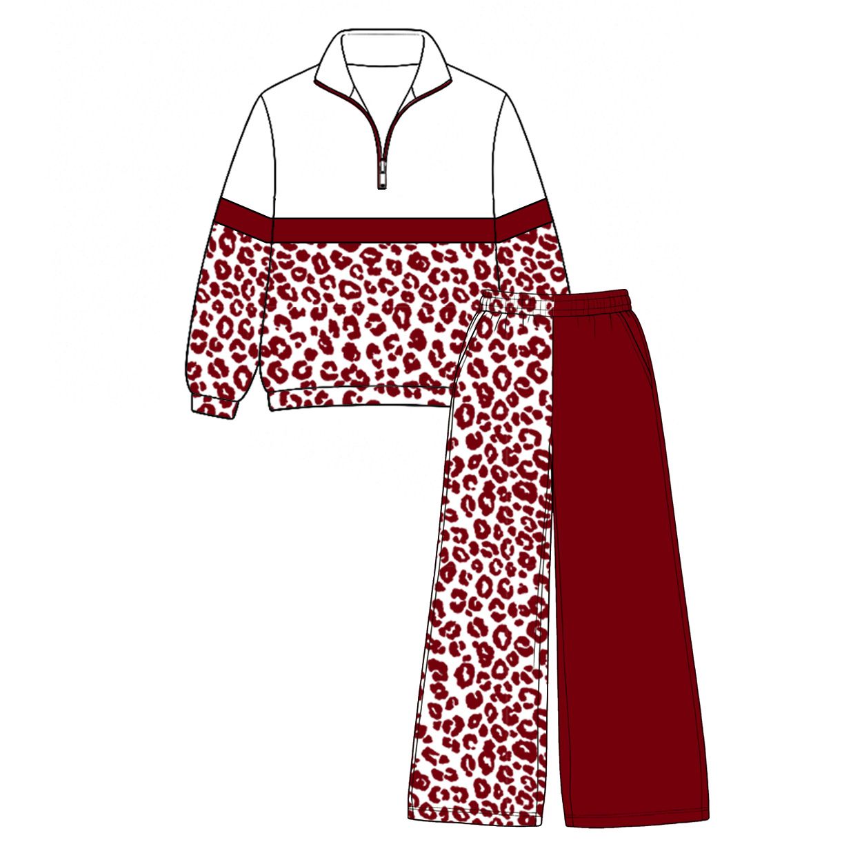 ( Moq 5 ) Preorder Baby Girls Kids Long Sleeves Zipper Dark Red Leopard Pullover Pockets Pants Set Clothes