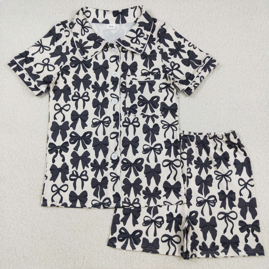 Adult Women Short Sleeves Black Bows Buttons Shirt Shorts Pajamas Clothes Set RTS