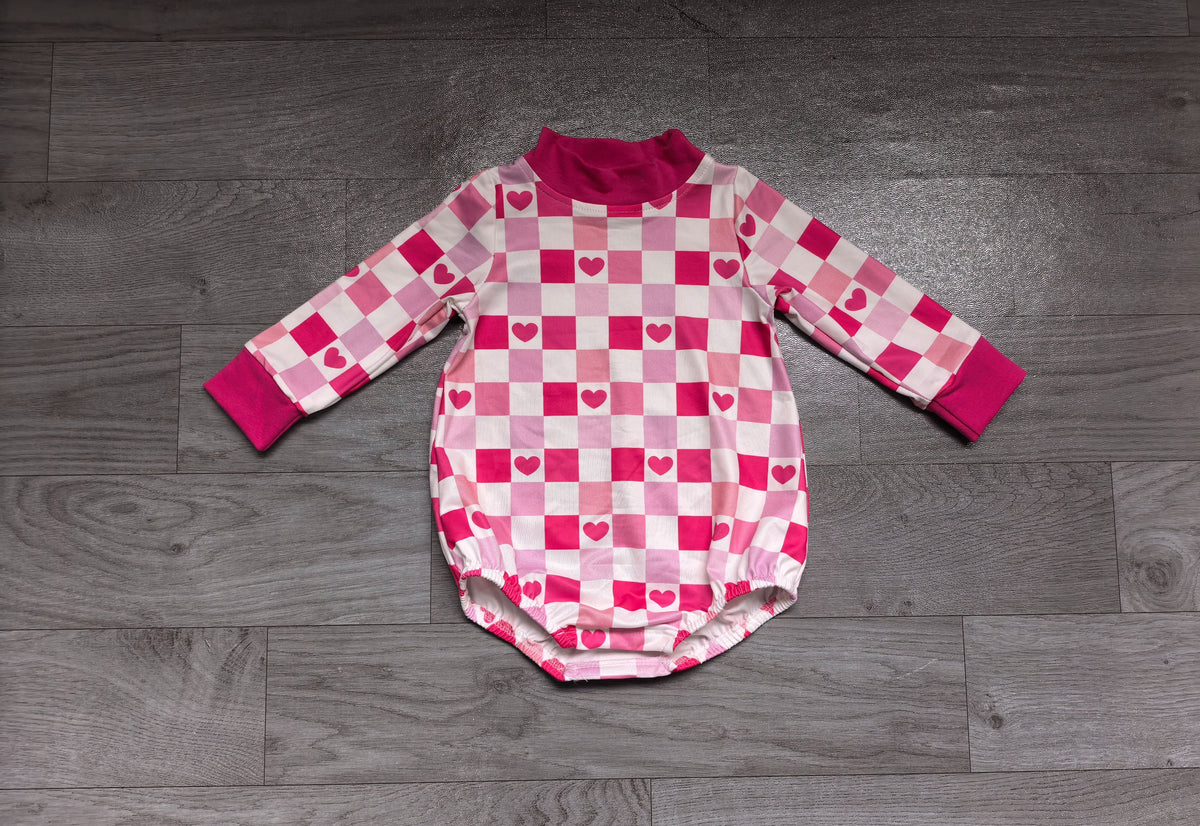 ( No moq ) Preorder Baby Girls Infant Long Sleeves Hearts Checked Valentine Romper Clothes