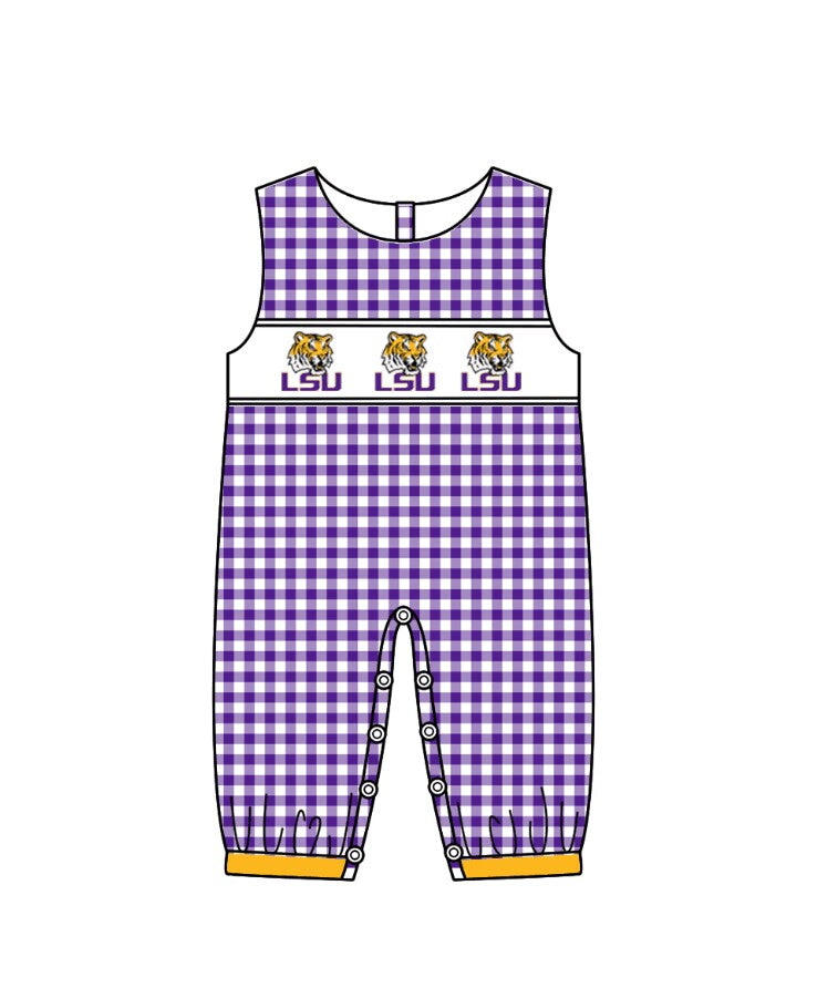 Baby Boy Sleeveless Purple Plaid Tiger Team Buttons Romper Moq 5