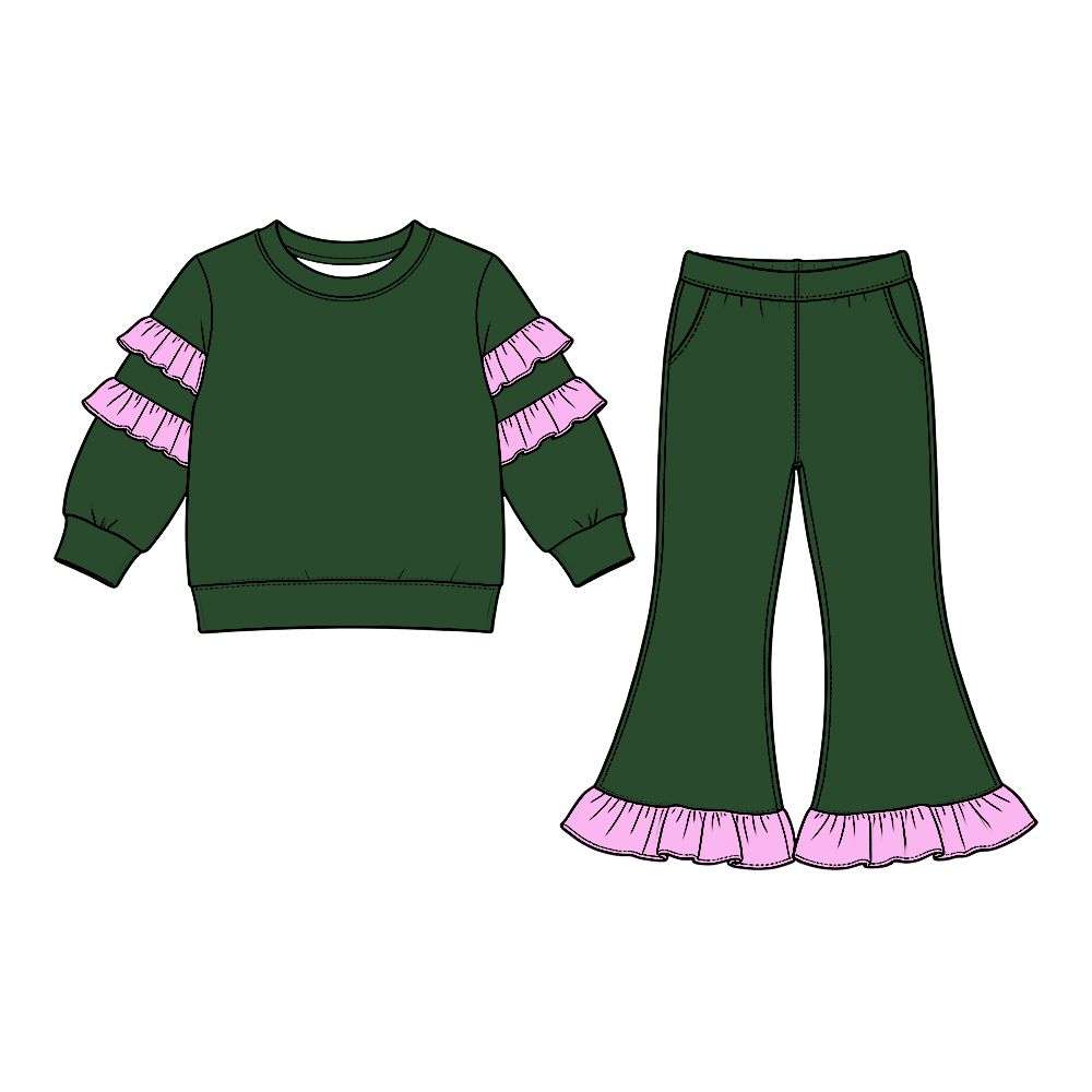 ( Moq 5 ) Preorder Baby Girls Kids Ruffle Long Sleeves Shirt Pockets Pants Cotton Set Green Clothes