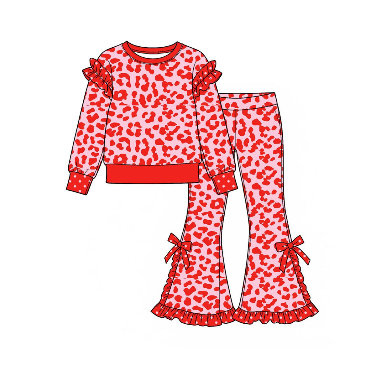 ( Moq 5 ) Preorder Baby Girls Kids Long Sleeves Leopard Shirt Bows Ruffle Pants Set