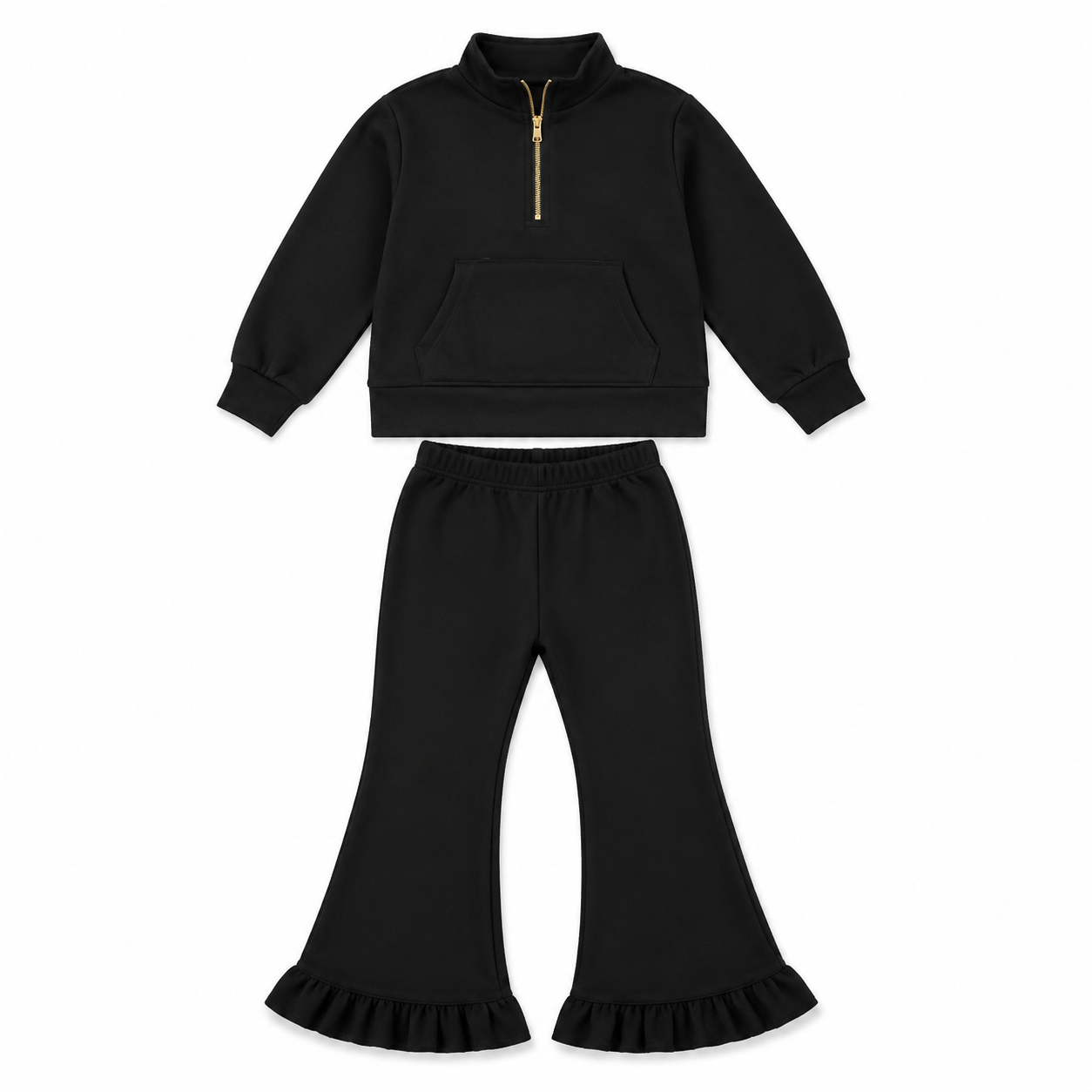 ( Moq 5 ) Preorder Baby Girls Kids Long Sleeves Zipper Pocket Pants Black Set Clothes