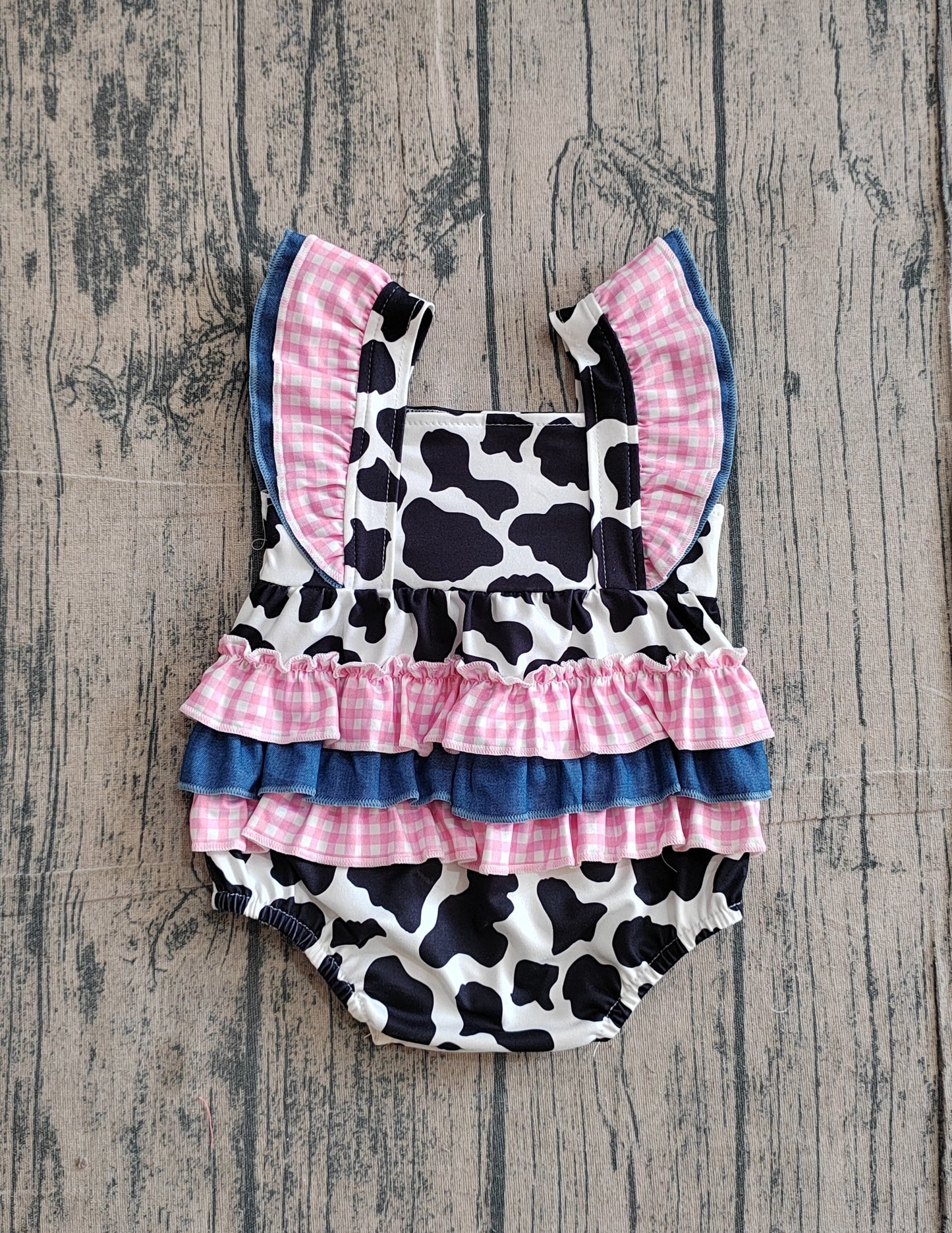 Baby Girls Kids Short Sleeves Bows Cow Print Western Bubble Romper RTS