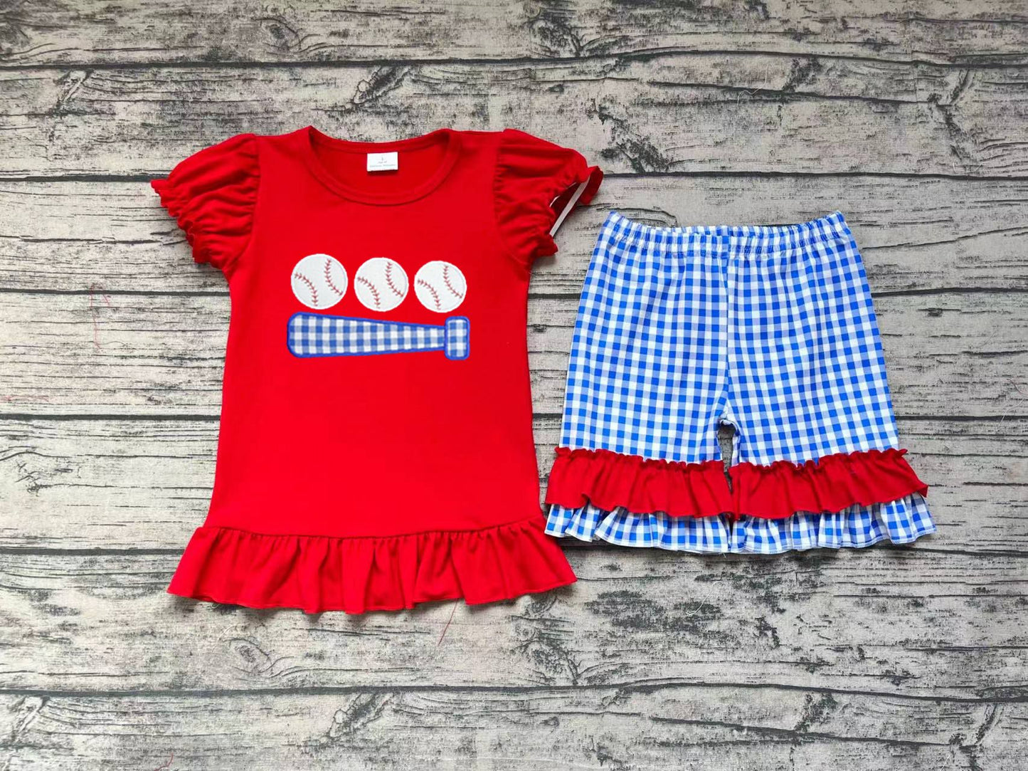 No moq Pre-order GSSO0428 Baby Girl Baseball Shirt Blue Plaid Ruffle Shorts Summer Set