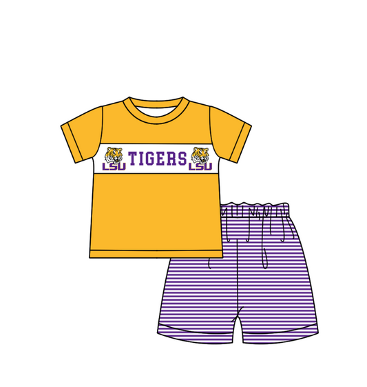 ( Moq 5 ) Baby Boys Toddler Short Sleeves Tigers Shirt Purple Stripes Shorts Team Summer Set