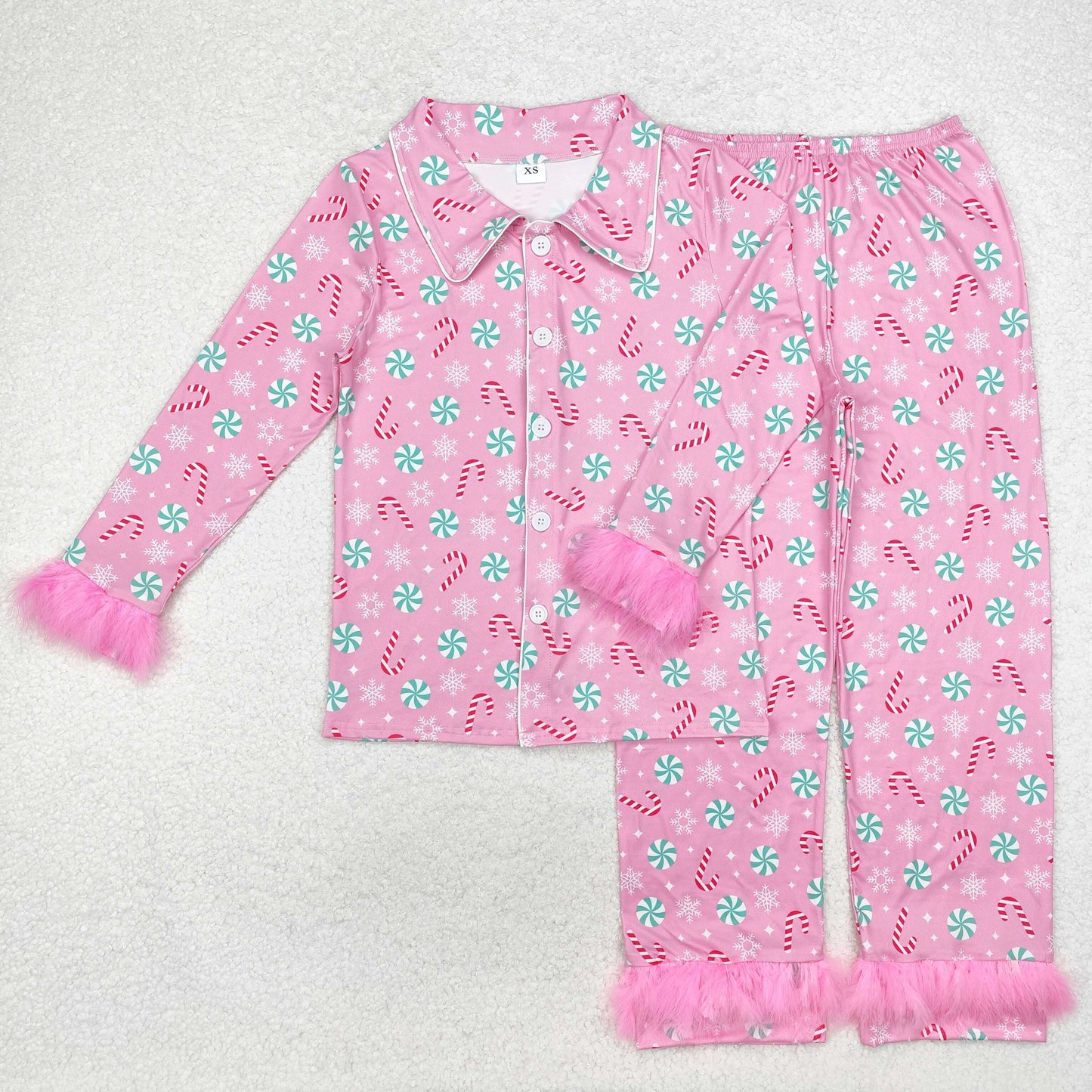 Adult Women Christmas Fur Candy Buttons Shirt Pants Pink Set Pajamas