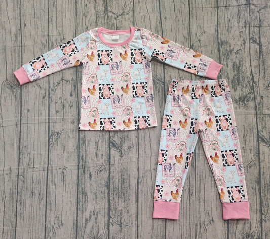 ( No moq ) Preorder Girls Kids Farm Animals Flower Shirt Pants Pajamas Clothes Set