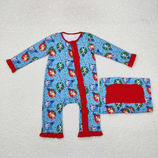 Baby Girl Long Sleeves Christmas Dogs Zipper Blue Romper