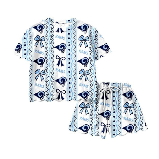 ( No moq ) Preorder Baby Girls Kids Short Sleeves Blue Bows Shirt Scallop Shorts Set Team Clothes