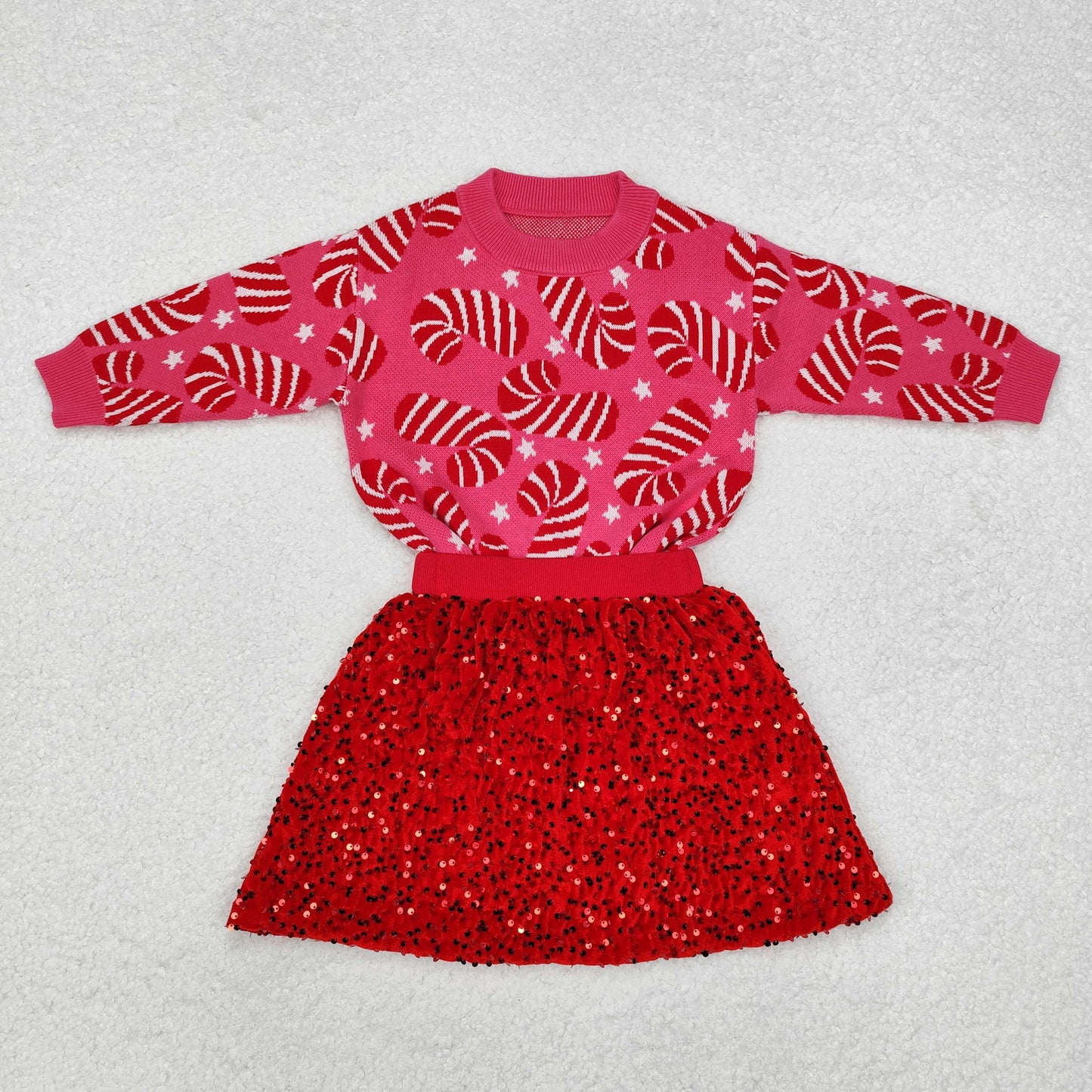 Baby Girl Christmas Candy Cane Sweater Red Sequin Skirt Set