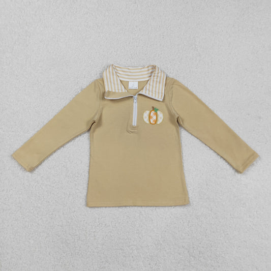 Kids Toddler Boy Long Sleeves Plaid Embroidery Pumpkin Fall Zipper Shirt Tops RTS