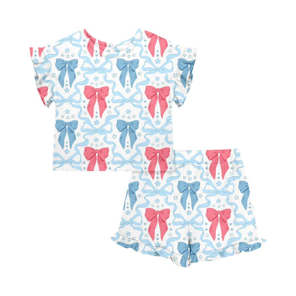 ( Moq 5 Each Style ) Sibling Baby Girls Kids Short Sleeves Popsicle Bows Shirts Shorts 4th of July Sets