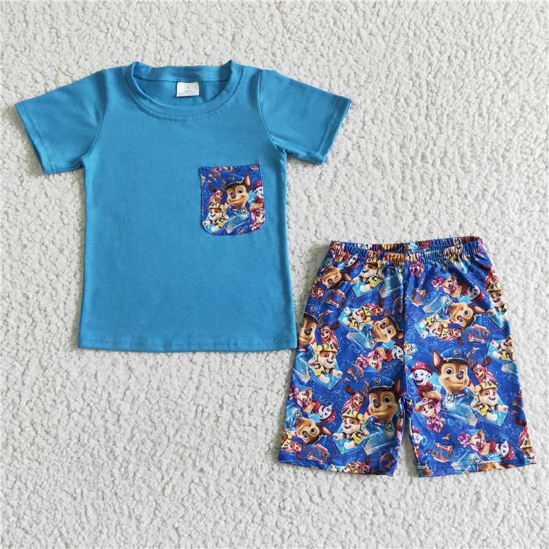 BSSO0059 Baby Boy Short Sleeves Dog Pocket Shirt Cotton Shorts Summer Outfit