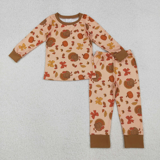Girls Kids turkey Pumpkin Bows Shirt Pants Fall Thanksgiving Pajamas Set RTS