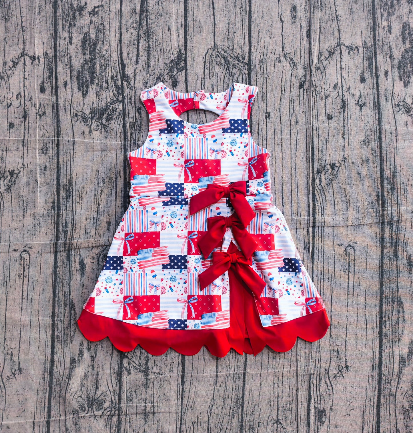 ( No moq ) Preorder Baby Girls Flags Bows Stars 4th of July Yoga Active Shorts Knee Length Scallop Dress