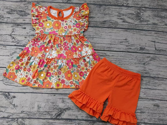 Moq 5 Baby Girl Short Sleeves Floral Tunic Orange Red Shorts Set