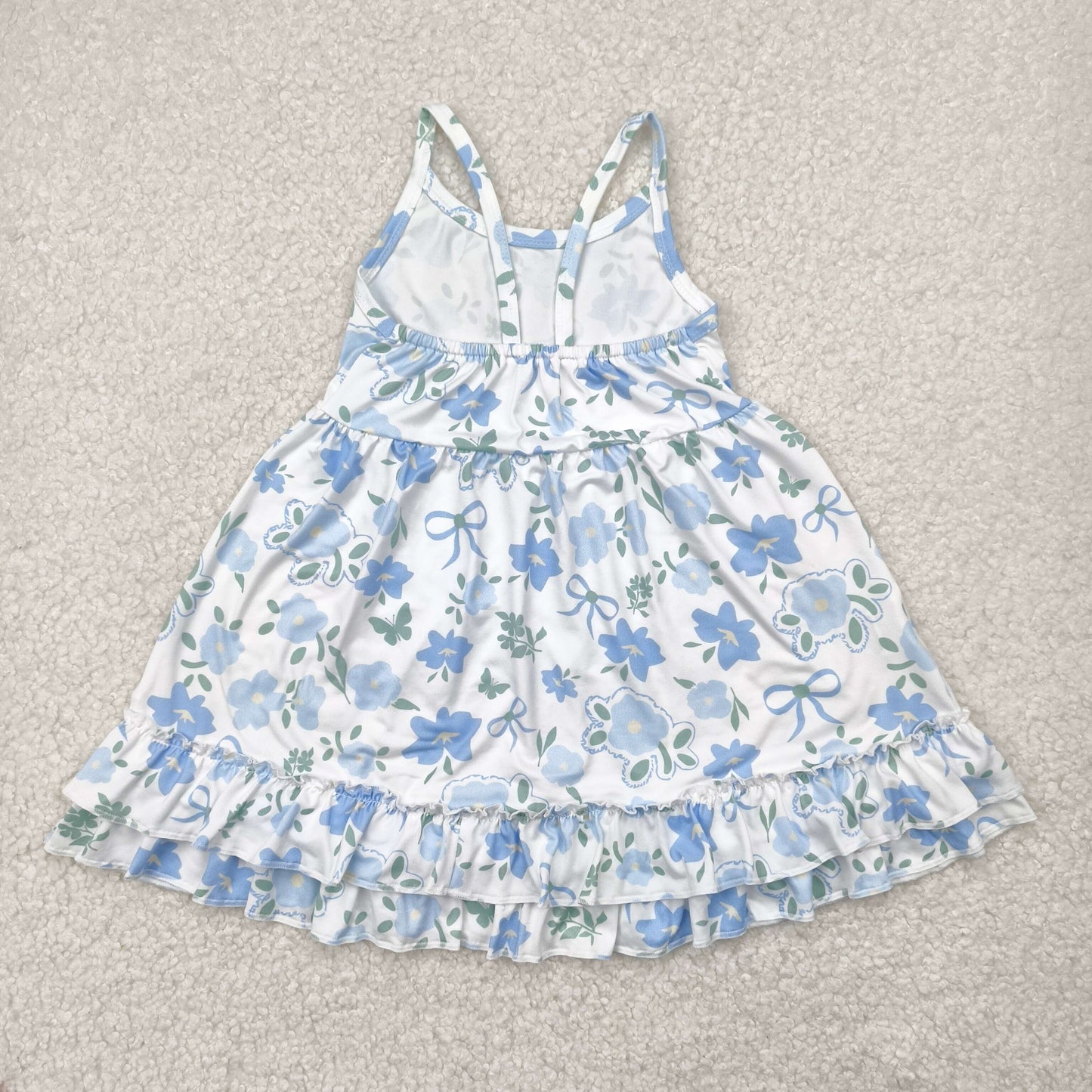 Baby Girl Straps Blue Flower Bows Knee Length Dress RTS