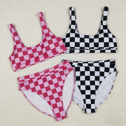Adult Women Sleeveless Checked Tops Shorts Sibling Summer Swimsuit Sets RTS