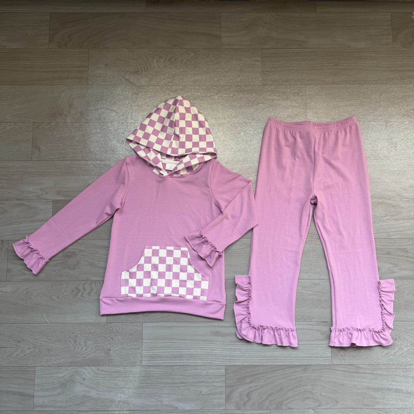 ( No moq ) Preorder Baby Girls Kids Checked Pocket Hoodie Shirt Pants Purple Set Cotton Clothes
