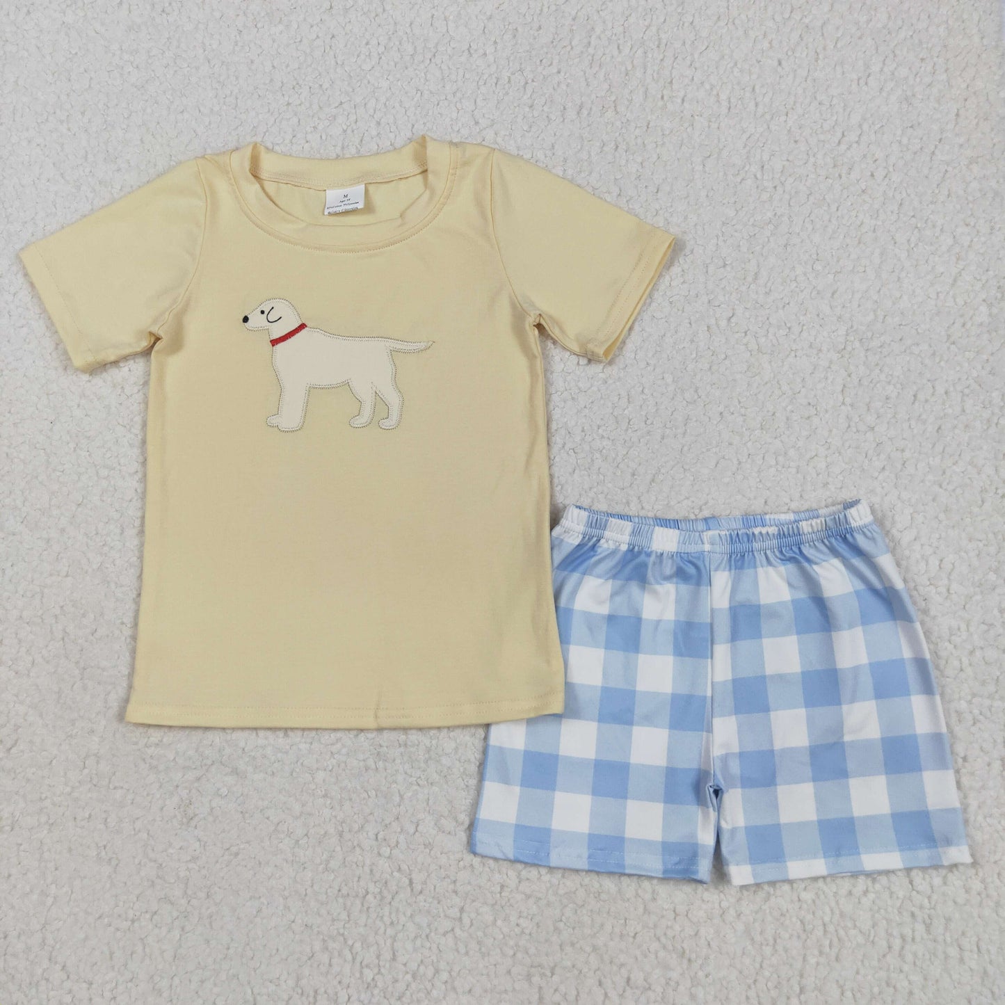 Baby Boy Short Sleeves Yellow Embroidery Dog Shirt Plaid Shorts Clothes Set RTS
