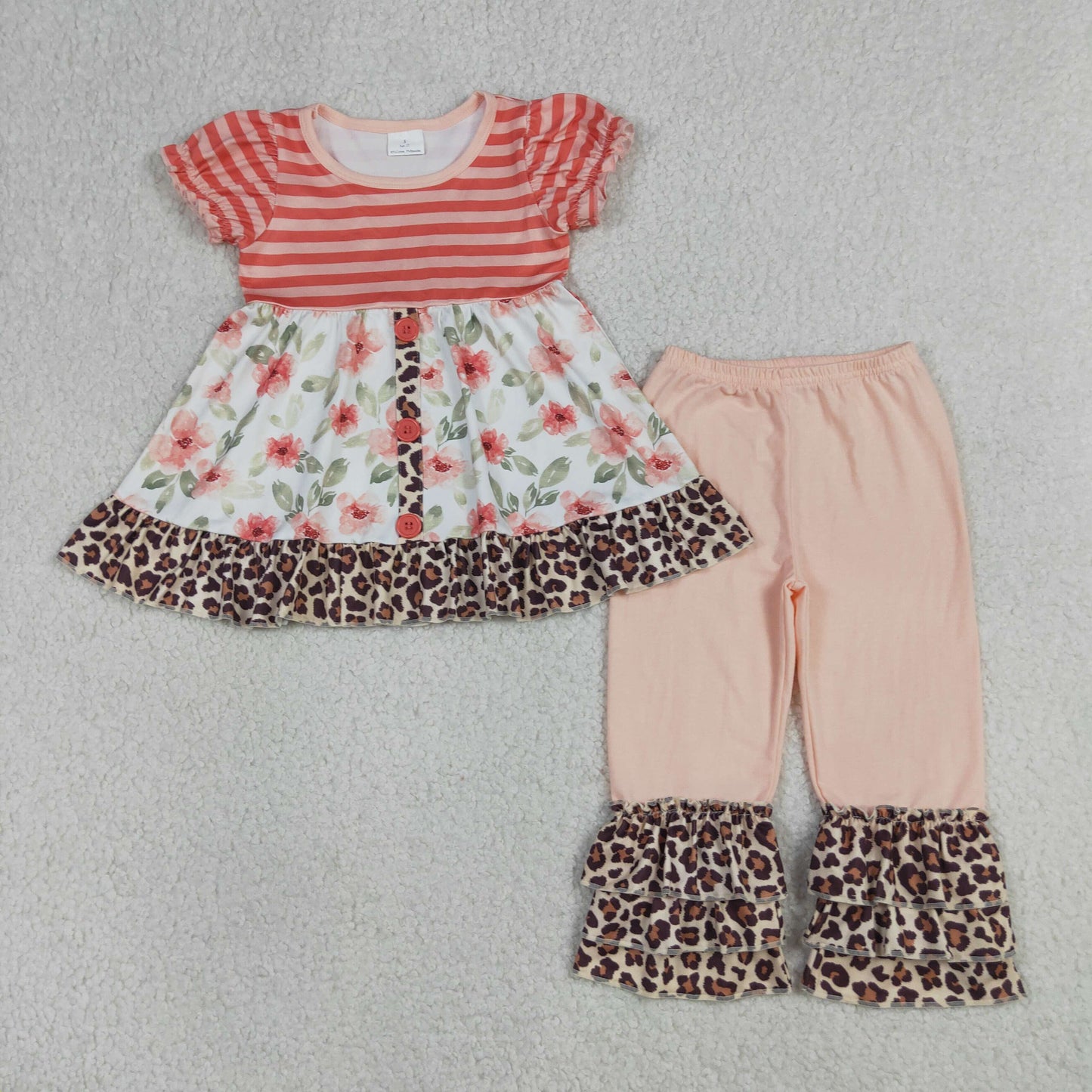 Baby Girl Short Sleeves Flower Stripes Tunic Leopard Ruffle Pants Clothes Set RTS