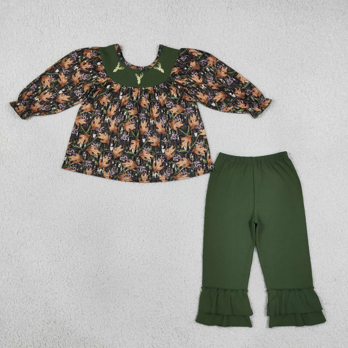 Baby Girls Kids Long Sleeves Embroidery Deer Camo Tunic Green Pants Set RTS