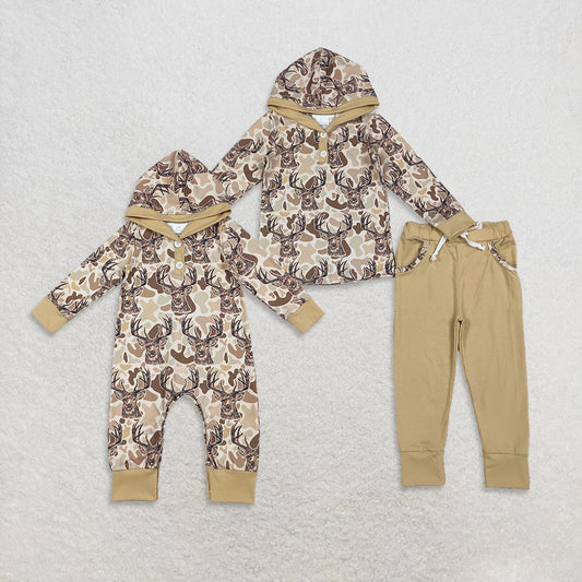 Sibling Boys Kids Long Sleeves Camo Deer Hoodie Hunting Buttons Romper Set RTS