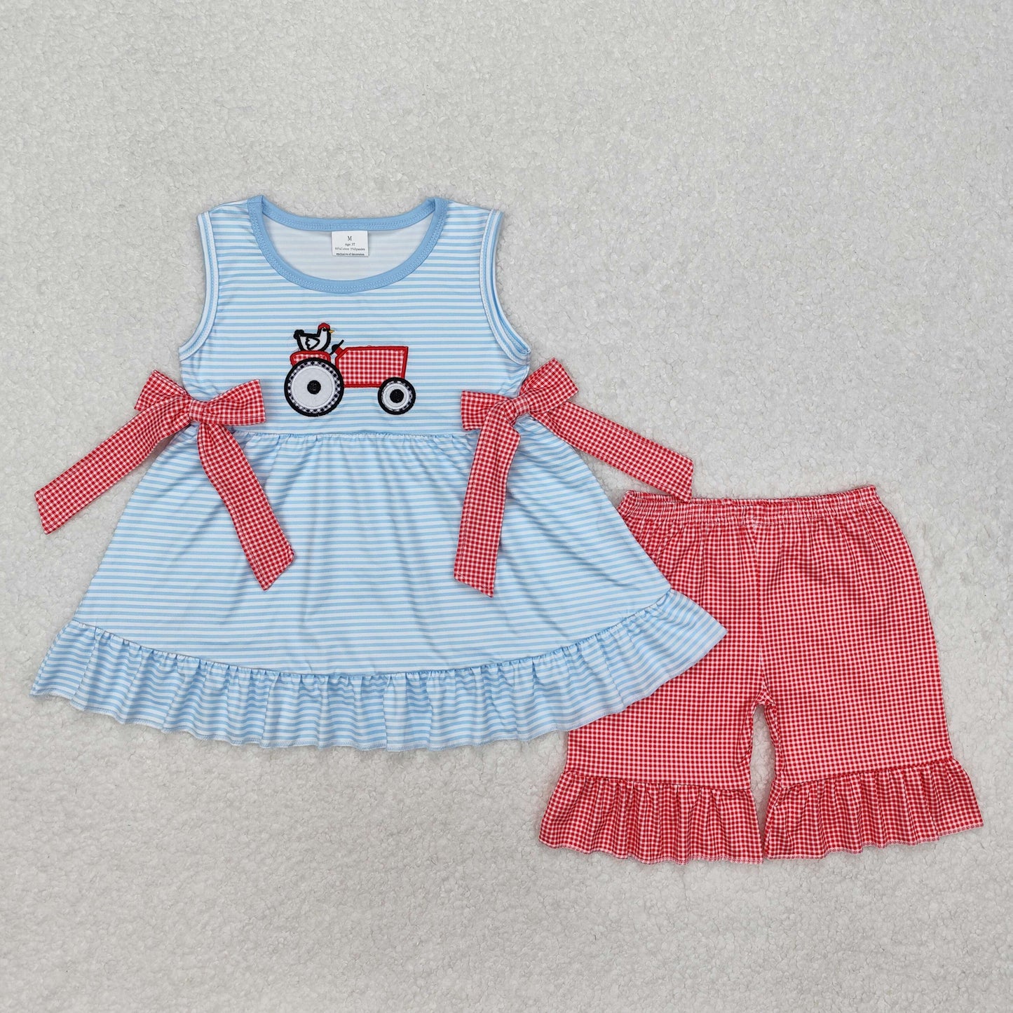 RTS Baby Girl Sleeveless Embroidery Farm Chicken Bow Tunic Ruffle Shorts Clothes Set