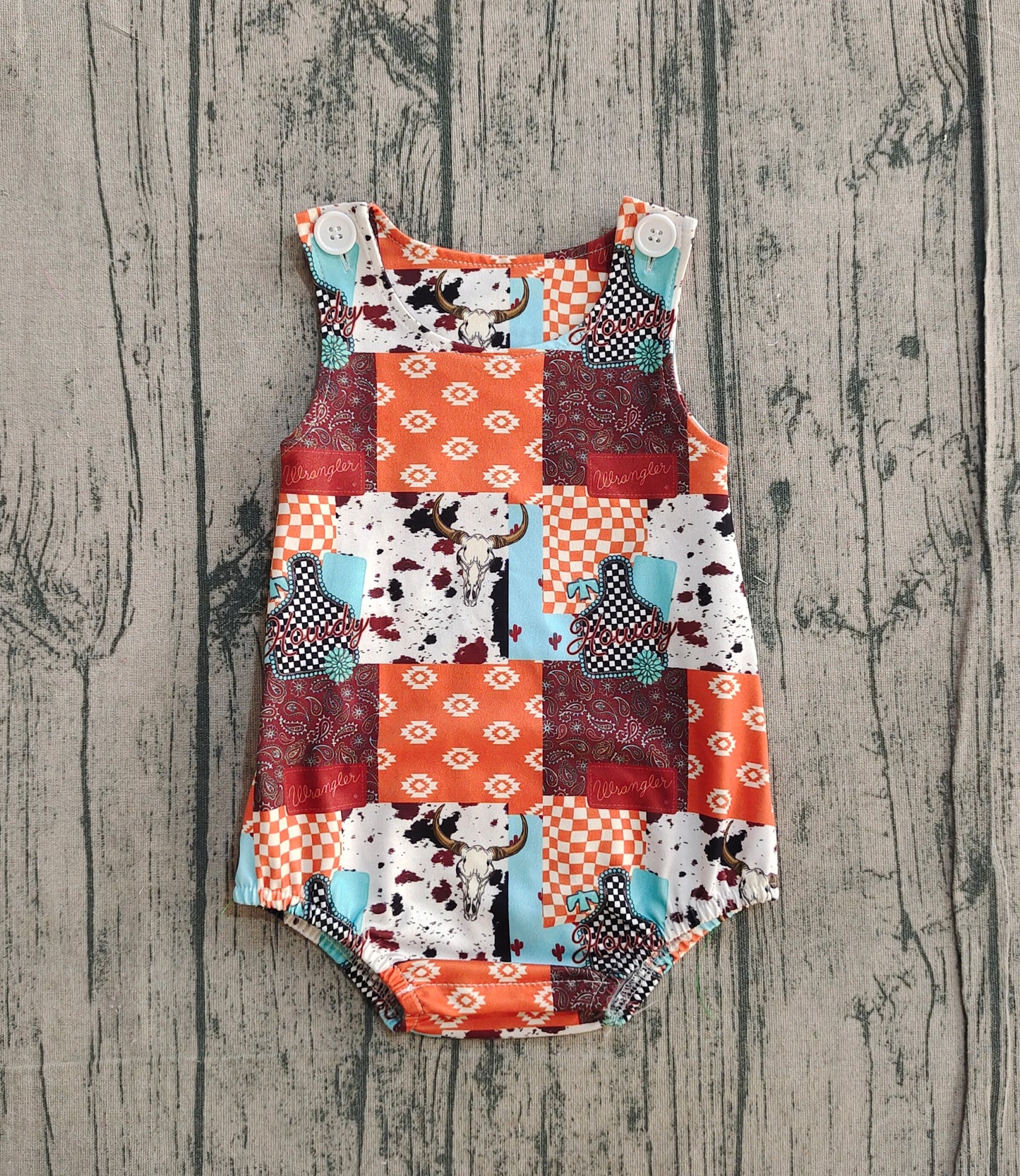 Baby Boys Infant Sleeveless Western Cow Print Aztec Plaid Romper RTS