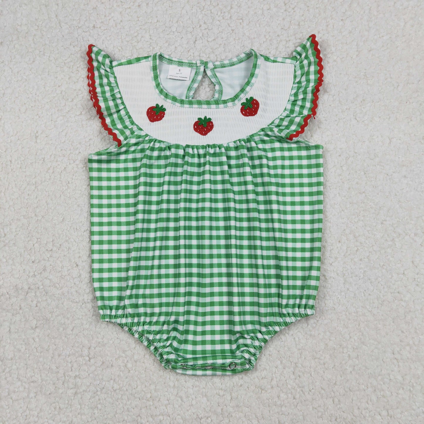 Baby Girls Infant Embroidery Strawberry Green Plaid Smocked Bubble Romper RTS