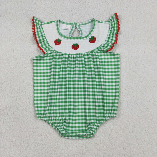 Baby Girls Infant Embroidery Strawberry Green Plaid Smocked Bubble Romper RTS
