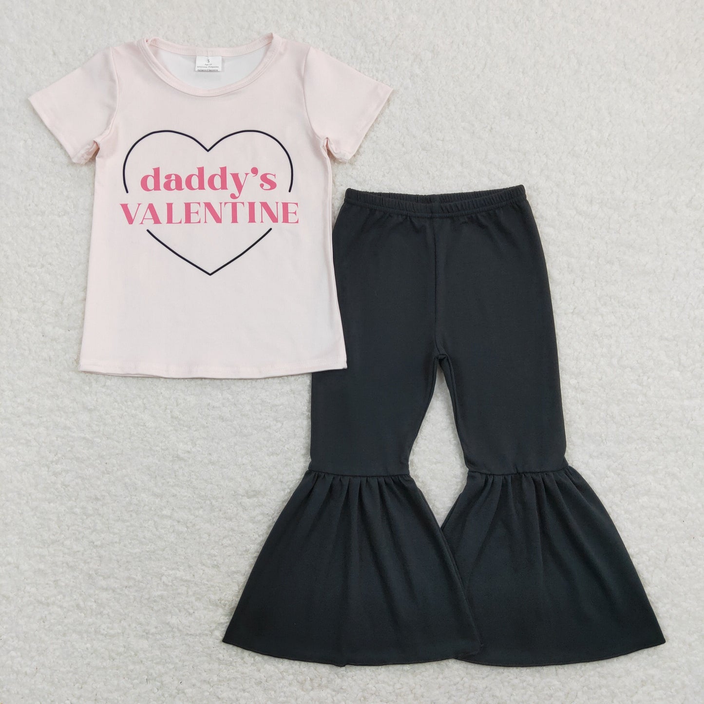 GSPO1314 Baby Girl Short Sleeves Daddy's Valentine Shirt Black Cotton Bell Pants Set