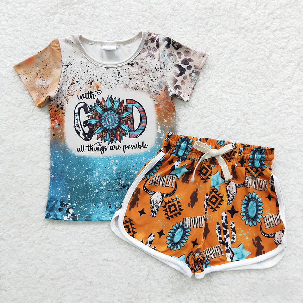 Baby Girls Kids Short Sleeves Flower Shirt Cow Print Shorts Set Western Clothes RTS