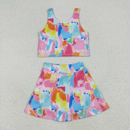 Baby Girl Sleeveless Tie Dye Vest Tops Short Skirt Skort Yoga Active Set RTS