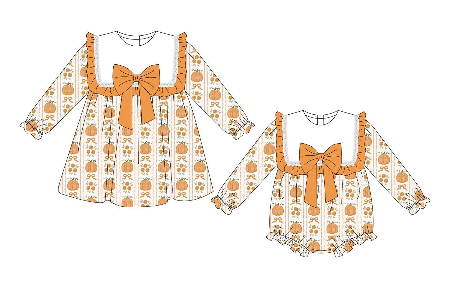 ( Moq 5 Each Style ) Sibling Baby Girls Toddler Pumpkins Bows Romper Dress Fall Clothes