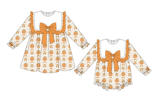 ( Moq 5 Each Style ) Sibling Baby Girls Toddler Pumpkins Bows Romper Dress Fall Clothes