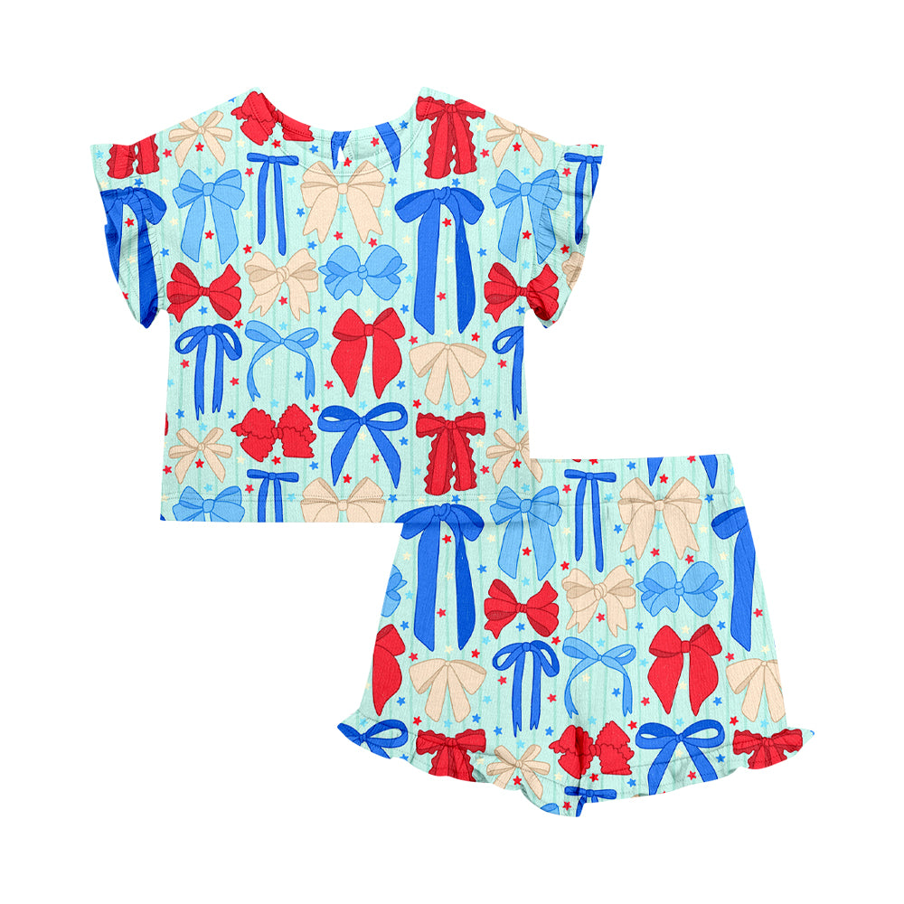( Moq 5 Each Style ) Sibling Baby Girls Kids Short Sleeves Popsicle Bows Shirts Shorts 4th of July Sets