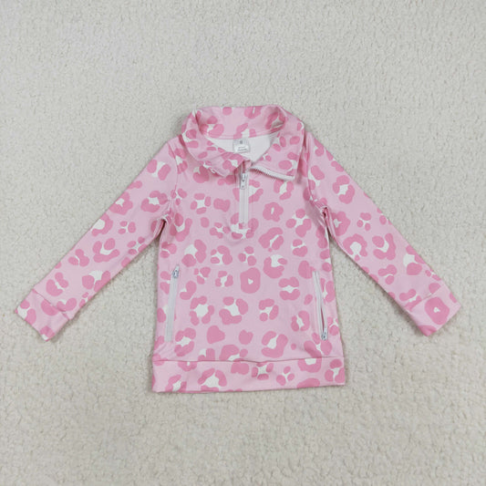 Baby Girl Long Sleeves Pink Leopard Pockets Yoga Active Zipper Pullover Tops RTS