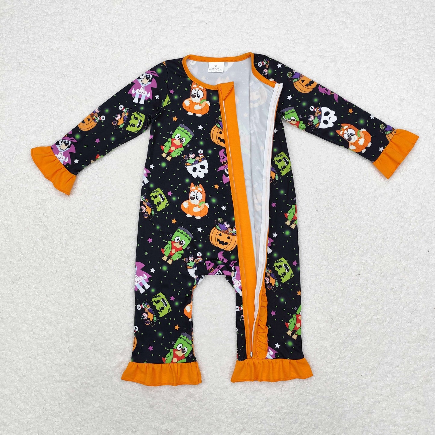 Baby Girl Long Sleeves Halloween Dogs Pumpkin Zipper Romper