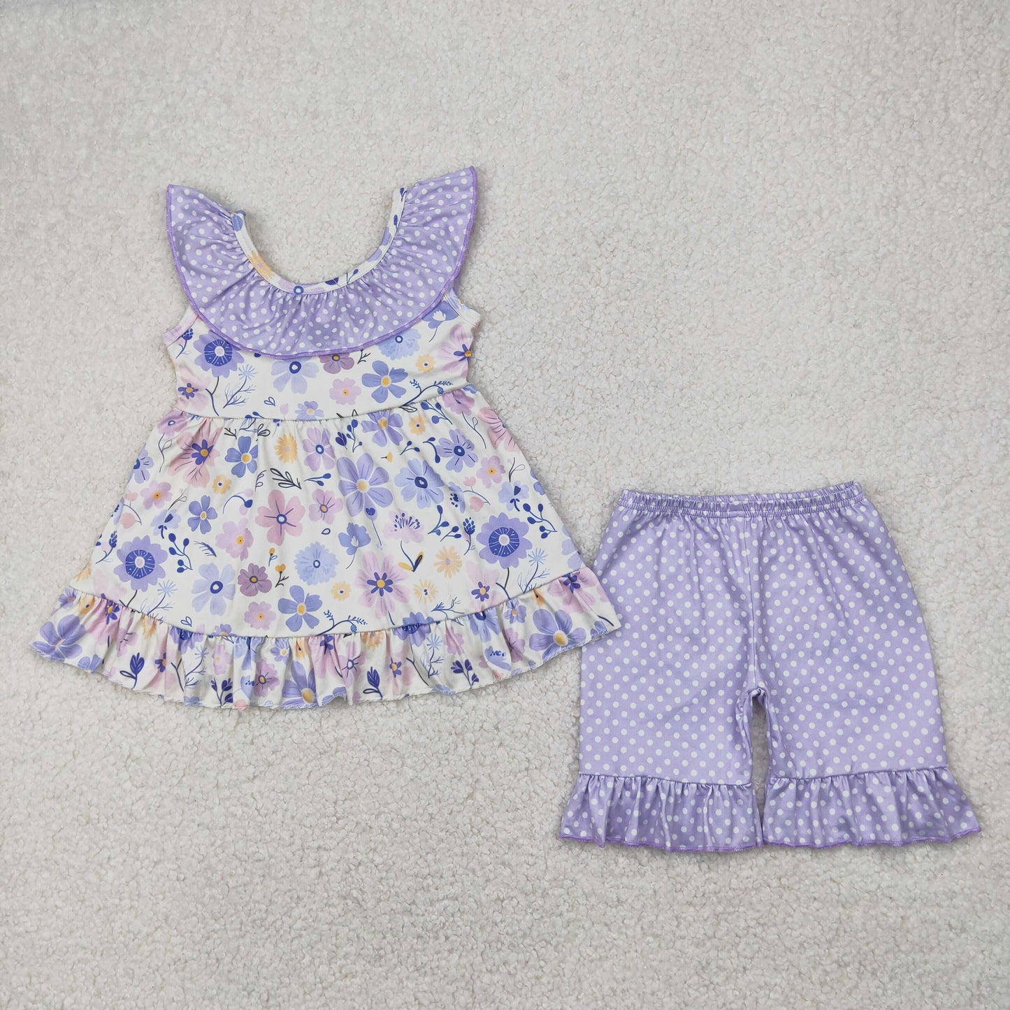 Baby Girl Sleeveless Flower Tunic Ruffle Purple Shorts Clothes Set RTS