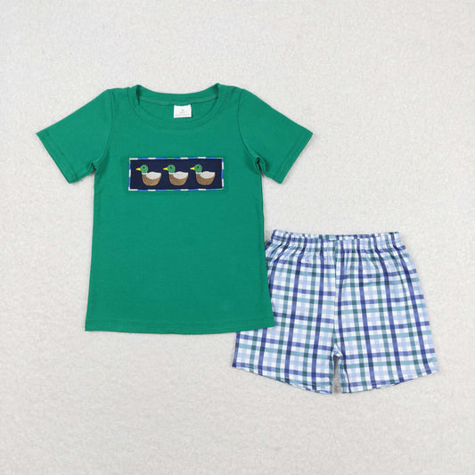 Baby Boy Short Sleeves Embroidery Ducks Green Shirt Plaid Shorts Set