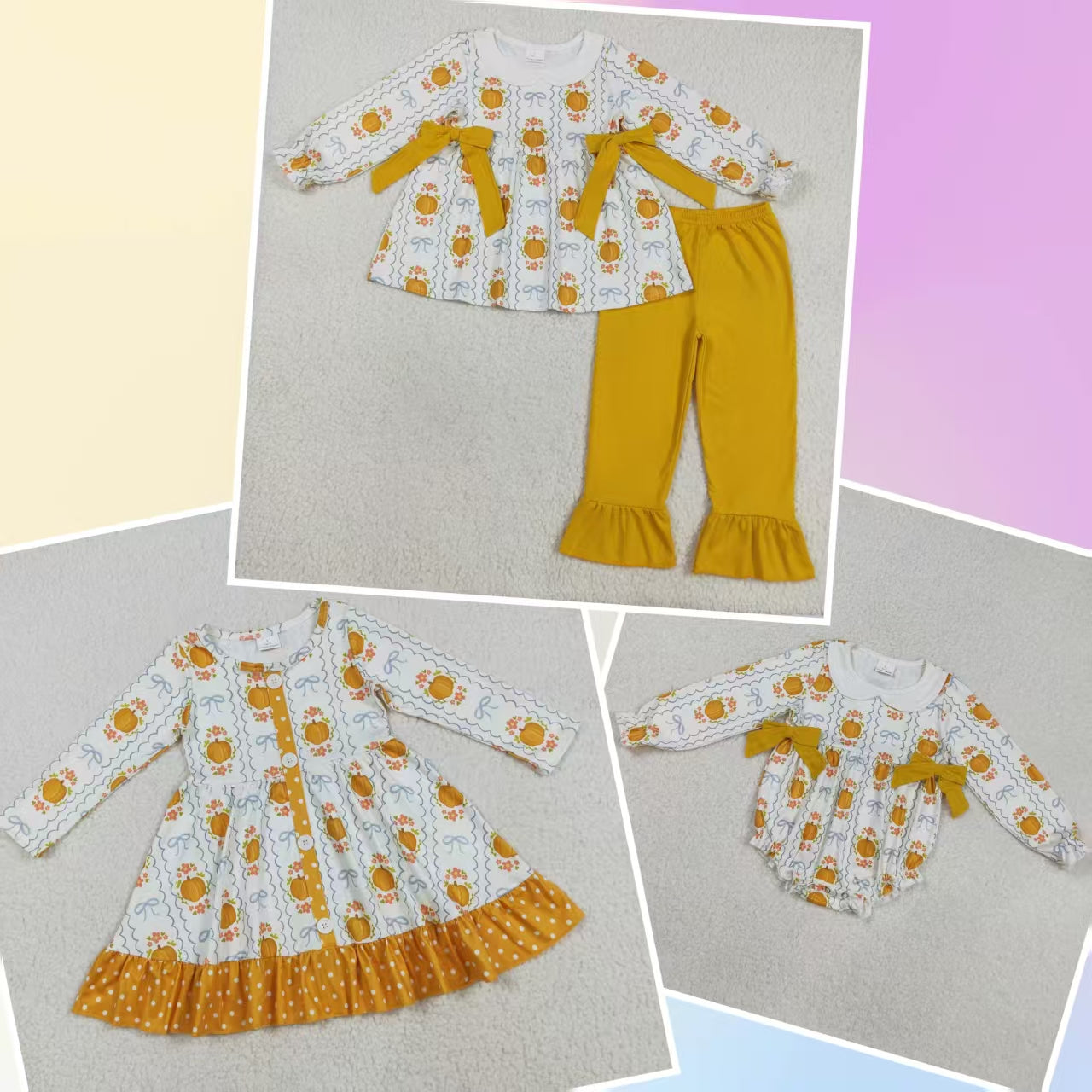 Baby Girl Long Sleeves Pumpkins Flower Bows Sibling Romper Dress Set RTS