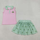 Baby Girls Kids Sleeveless Embroidery Golf Truck Pink Tops Green Plaid Skirt Clothes Set RTS