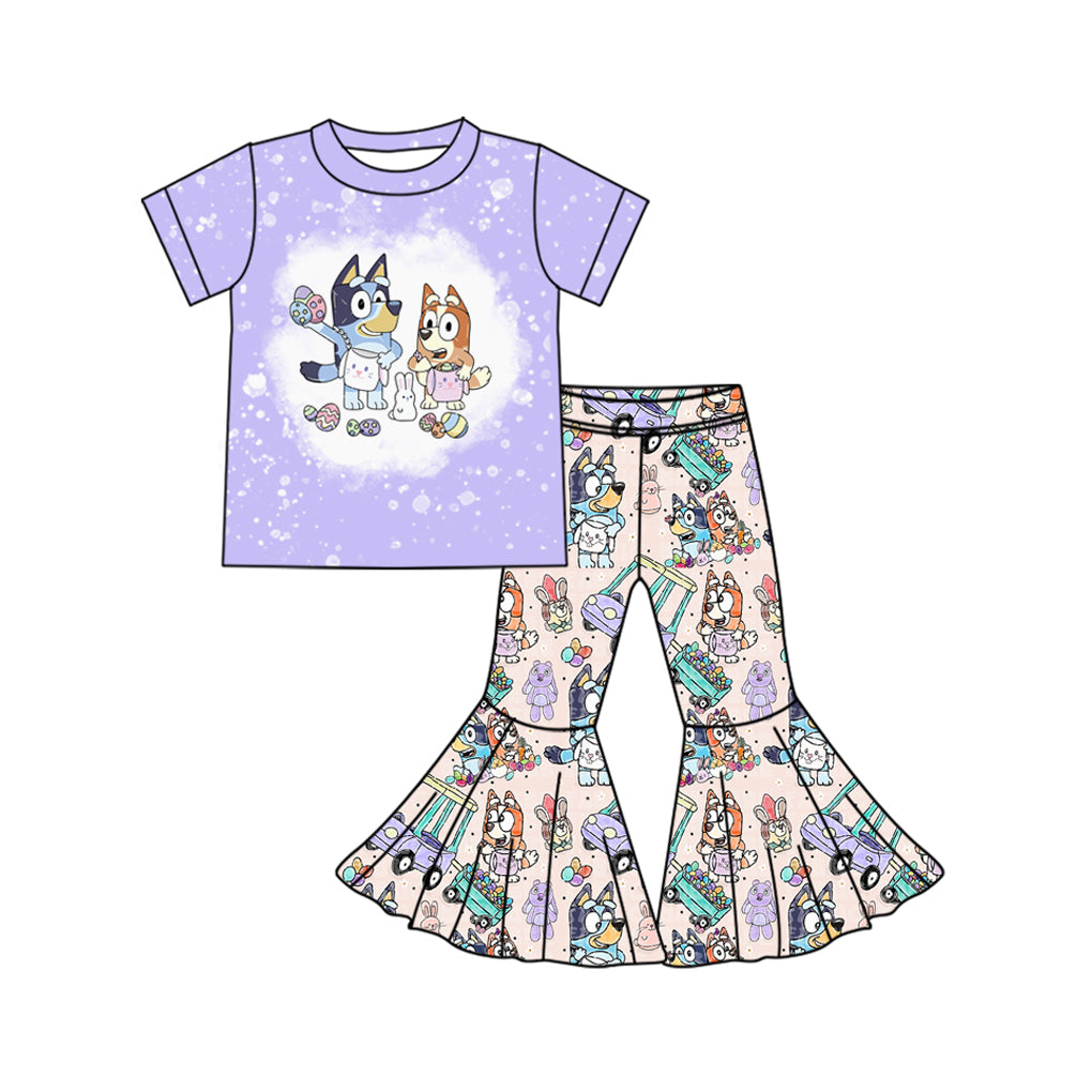 Baby Girl Short Sleeves Easter Rabbit Dogs Purple Shirt Bell Pants Clothes Set Moq 5