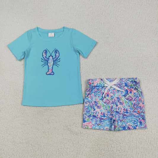 Baby Boy Short Sleeves Embroidery Crayfish Blue Shirt Floral Pockets Short Set RTS