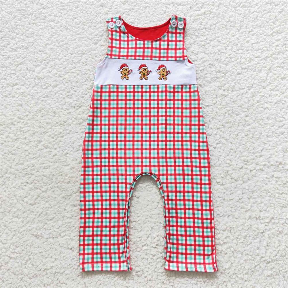 Sibling Girls Boys Long Sleeves Embroidery Gingerbread Sibling Christmas Red Romper Dress Pajamas Outfit Clothes RTS